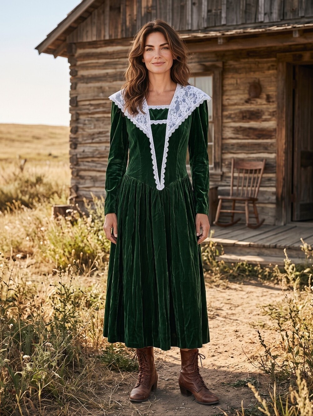 Gunne Sax Green Velvet Dress With White Lace Neckline